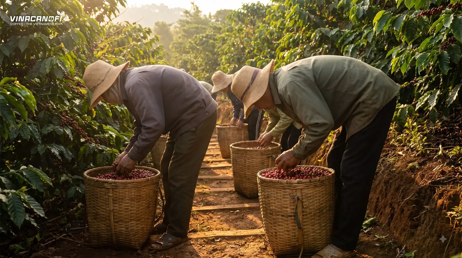 Người nông dân hái cà phê vào gùi tre giữa các hàng cây cà phê