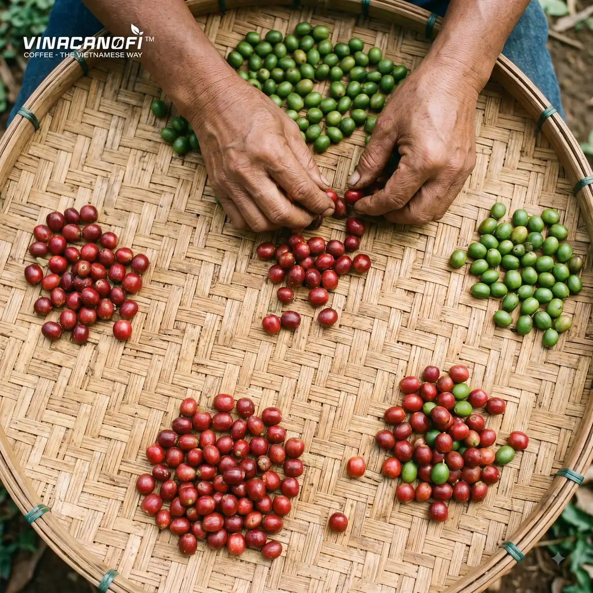 Đôi tay phân loại quả cà phê chín đỏ và quả xanh trên nia tre