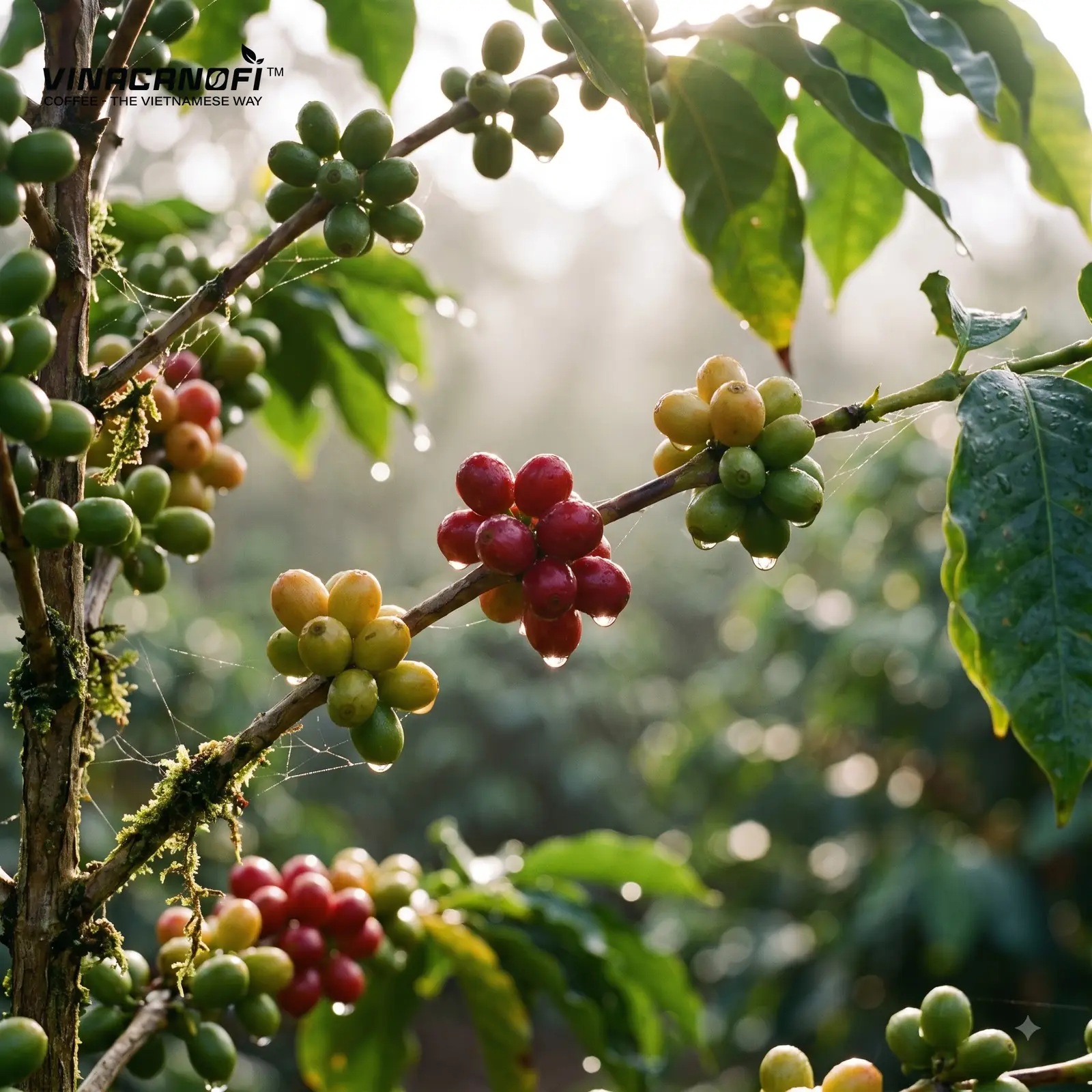 Cành cà phê với quả xanh, vàng và đỏ cùng lúc