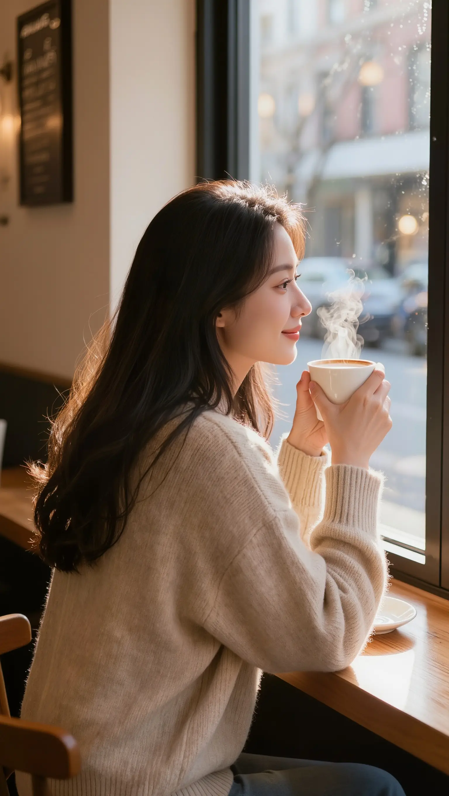 Người phụ nữ ngồi bên cửa sổ, hai tay cầm tách cà phê nóng