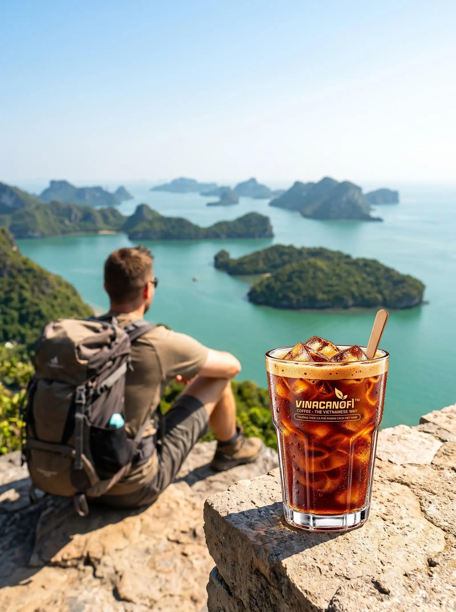 Người đàn ông đeo ba lô ngồi trên mỏm đá nhìn ra vịnh, bên cạnh ly cà phê đá