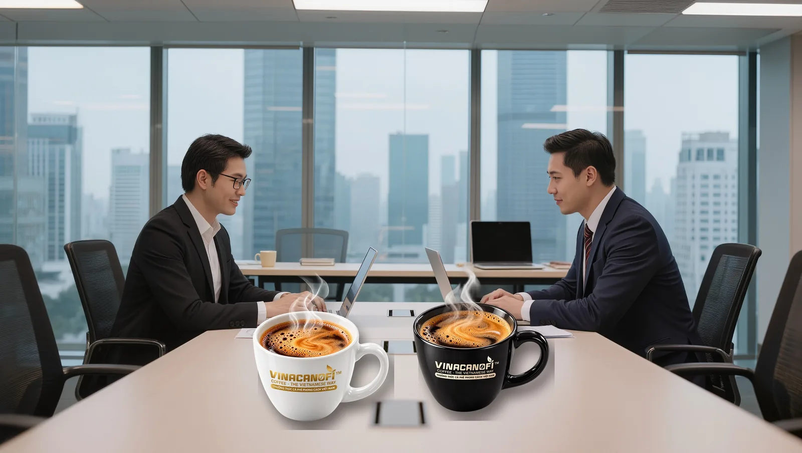 Hai người mặc com-lê trao đổi công việc trong phòng họp kính, trước mặt là hai tách cà phê