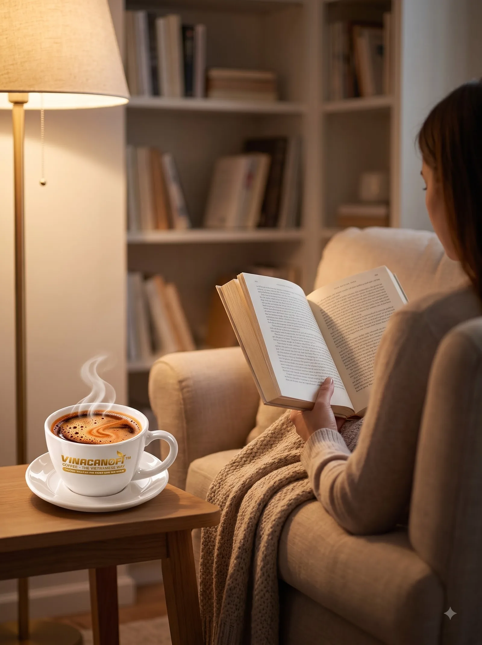 Người phụ nữ đọc sách trên ghế bành, bên cạnh tách cà phê nóng và kệ sách