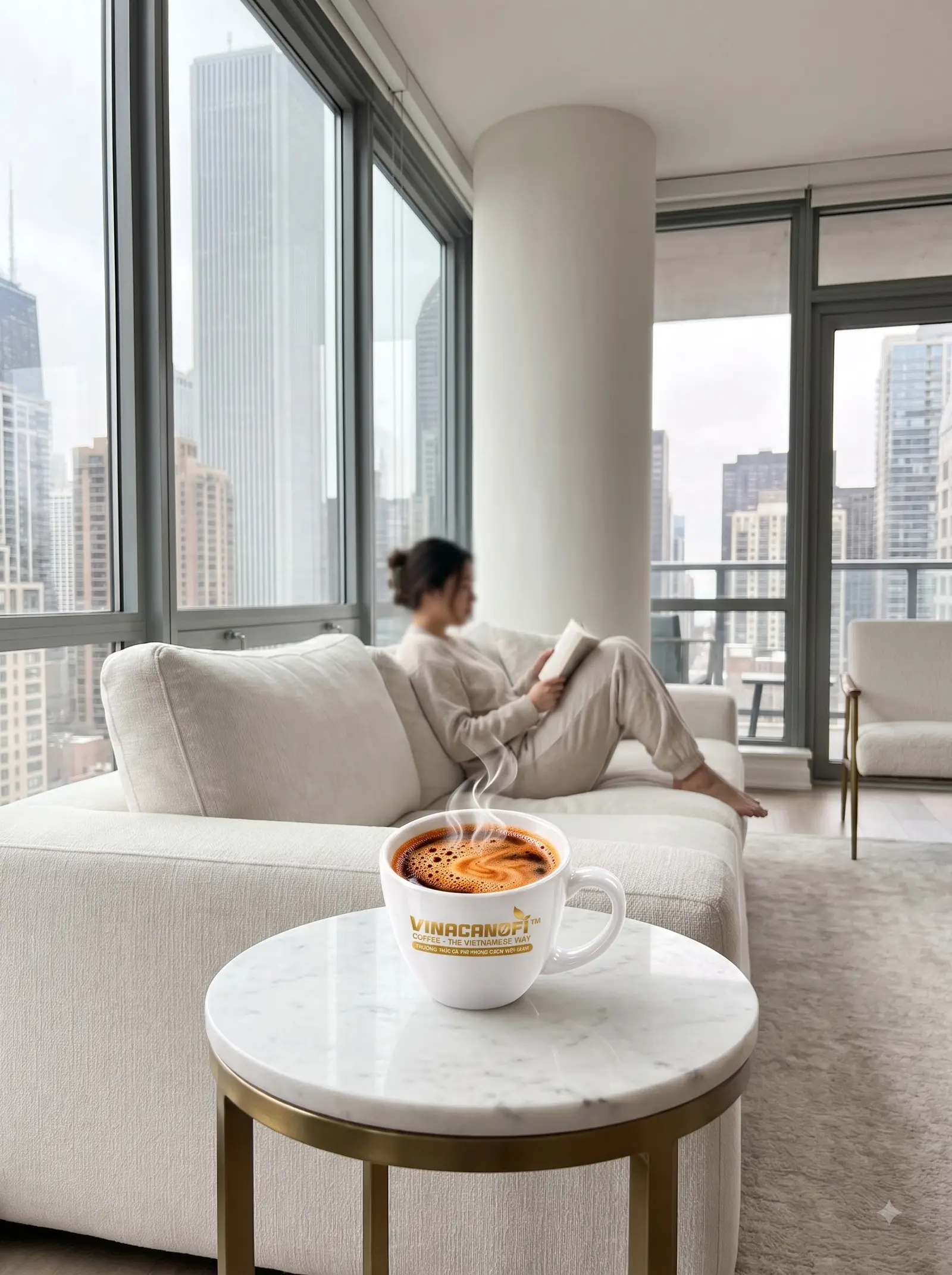 Người đọc sách trên ghế sofa trắng bên cửa sổ lớn, tách cà phê trên bàn nhỏ phía trước