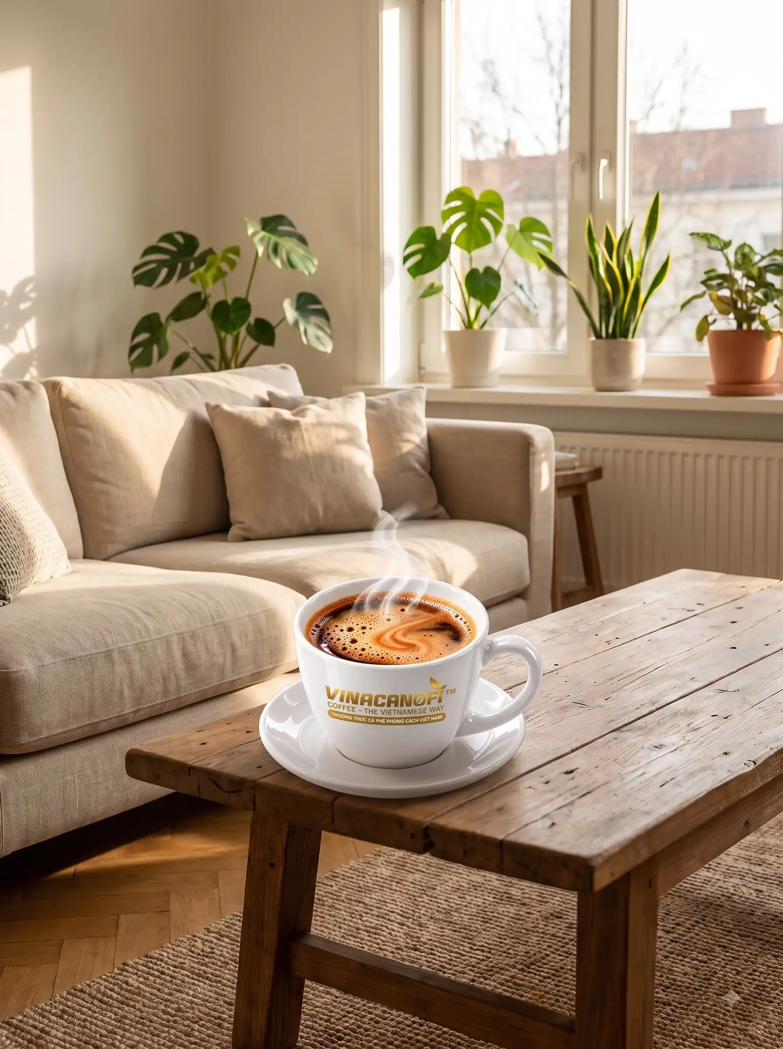 Phòng khách sáng nắng với sofa, cây xanh và tách cà phê nóng trên bàn gỗ
