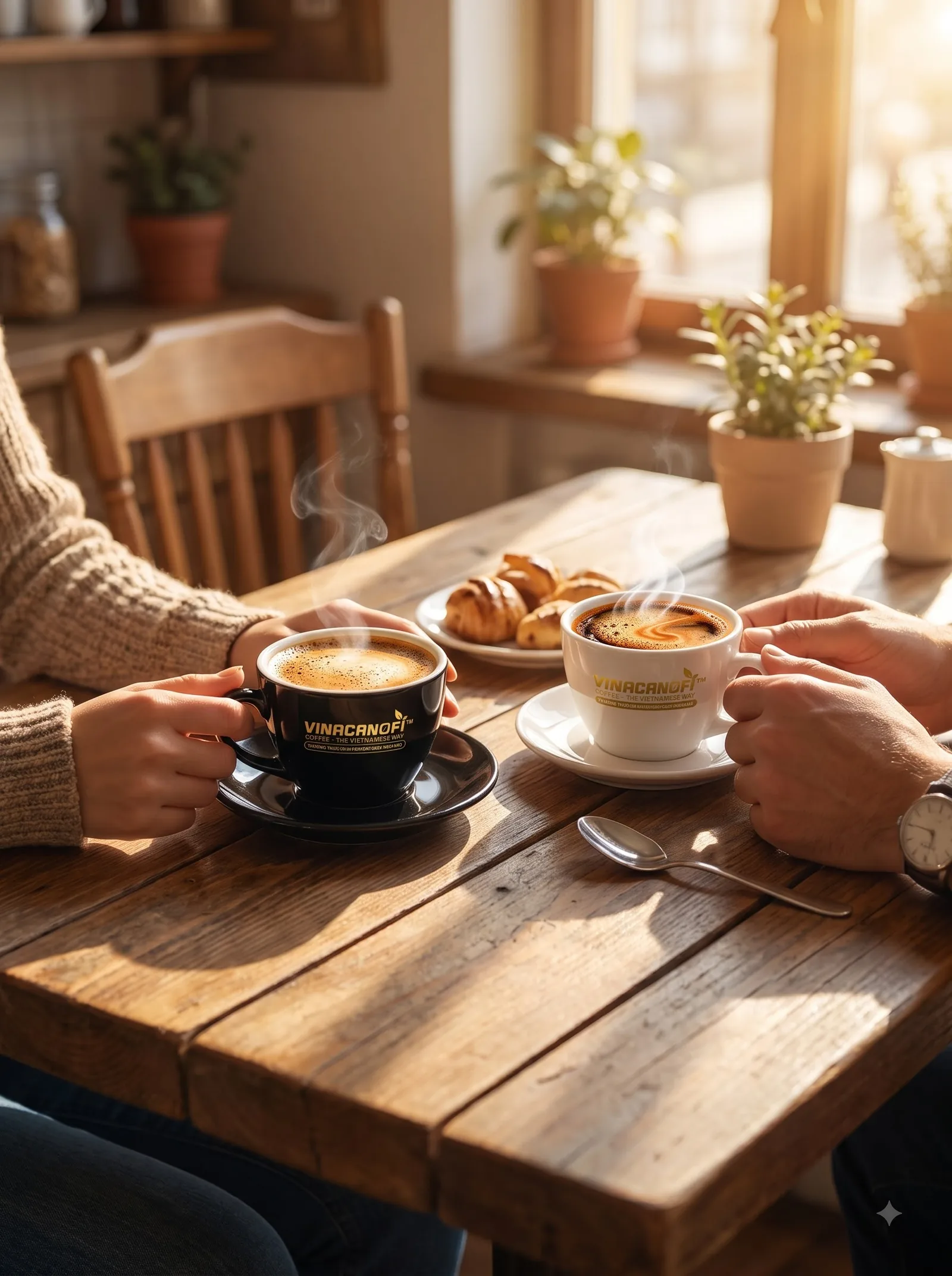 Hai người ngồi đối diện bên bàn gỗ, trò chuyện cùng hai tách cà phê và bánh