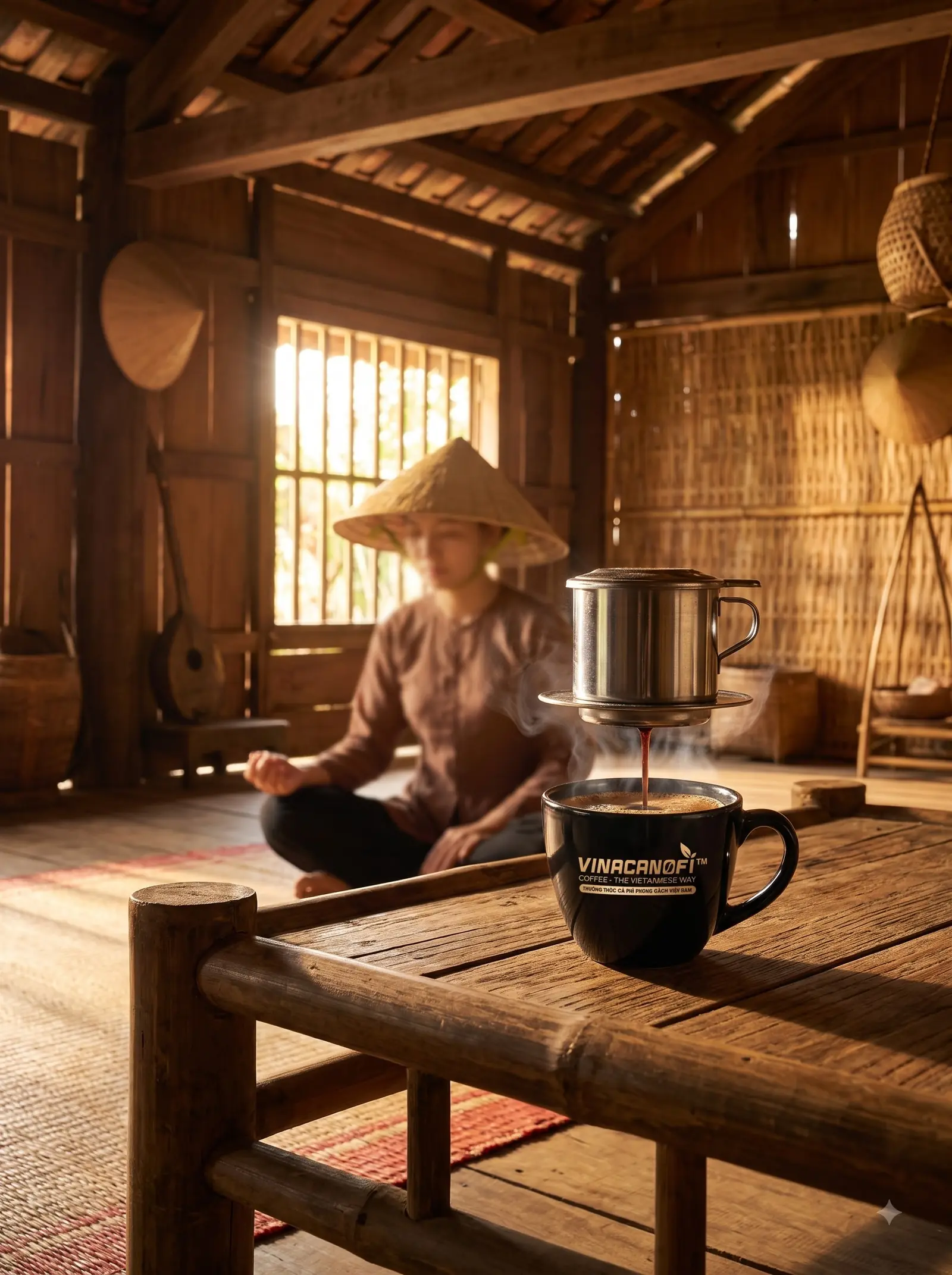 Người ngồi tĩnh lặng trong ngôi nhà gỗ truyền thống, phía trước là phin cà phê đang nhỏ giọt
