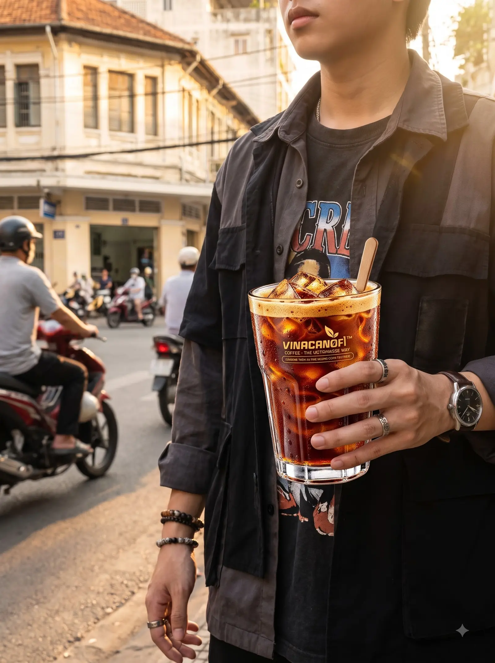 Người trẻ cầm ly cà phê đá trên phố, phía sau là dòng xe máy lúc chiều tối