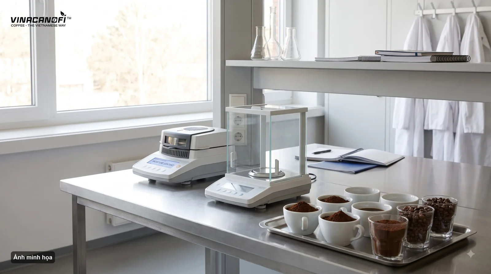 Phòng lab với cân, máy đo độ ẩm và khay các tách cà phê mẫu