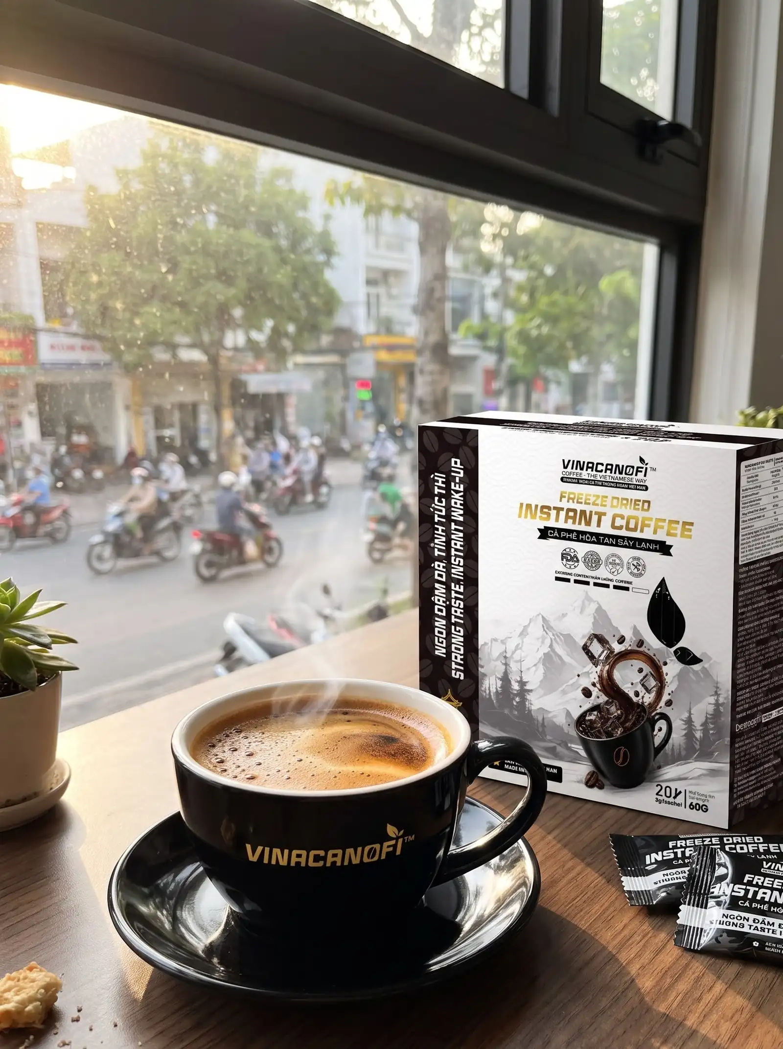 Ly cà phê buổi sáng bên cửa sổ