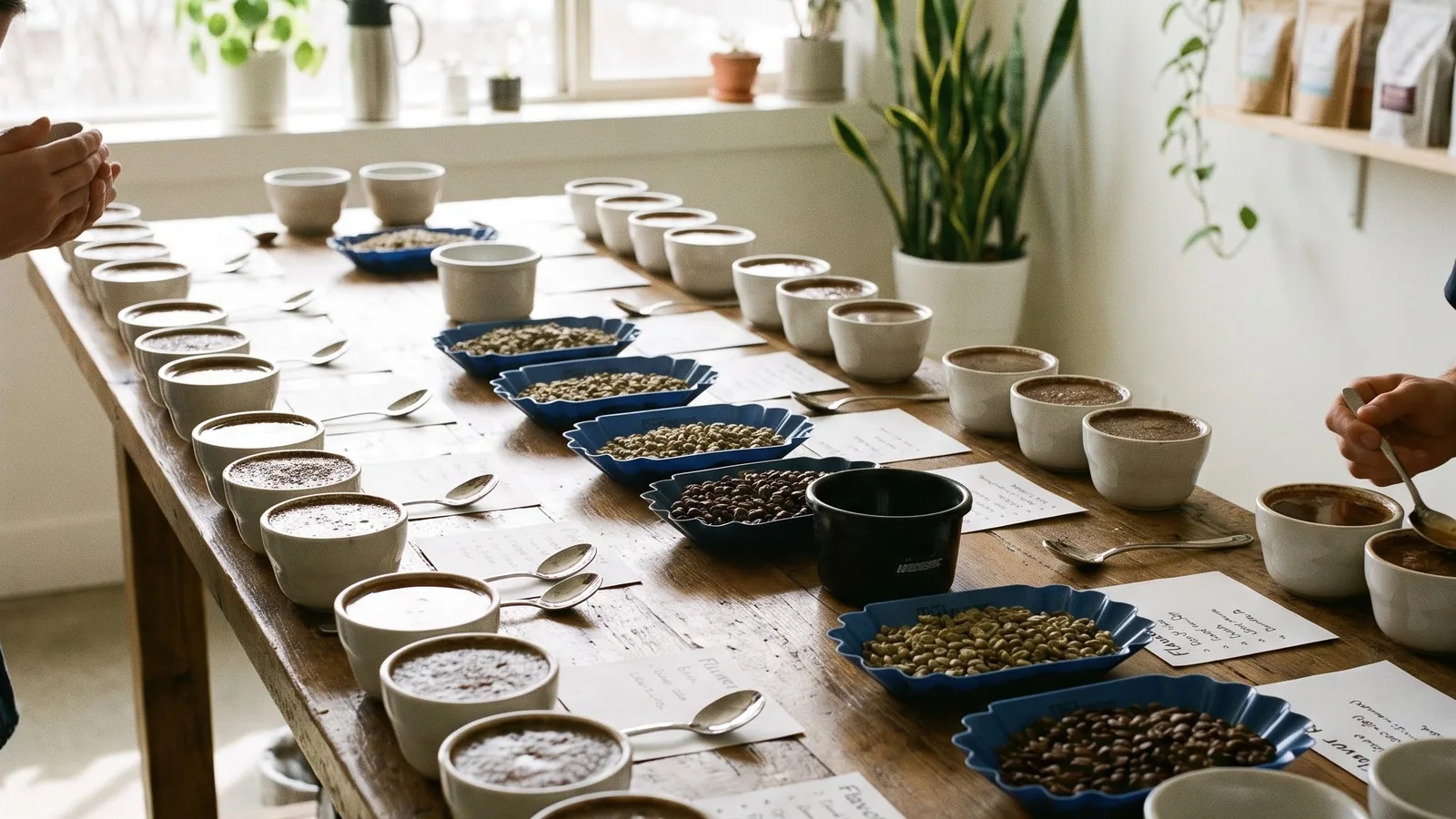 Selected green coffee beans on a tray